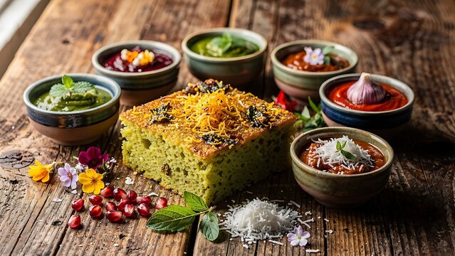 Traditional Indian spice dishes with colorful ingredients and utensils.