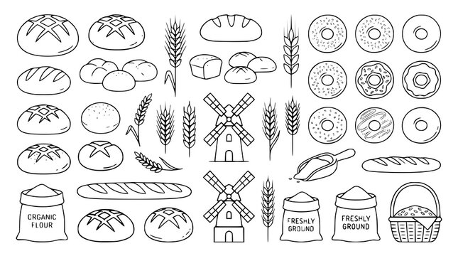 Bakery vector bundle with bread bagels flour wheat and farm symbols