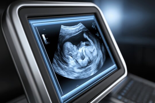 Close-up of a modern ultrasound machine displaying a detailed 3D sonogram of a developing fetus.