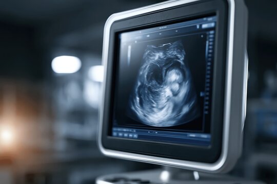 Close-up of a modern ultrasound machine displaying a detailed fetal sonogram image in a medical clinic.