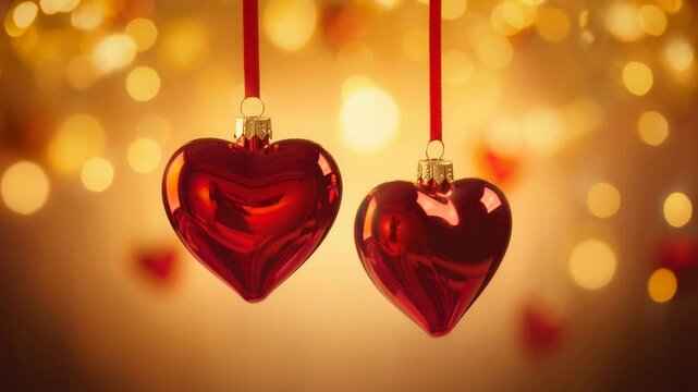 Two glossy red heart ornaments gently swaying against warm golden bokeh background romantic decor