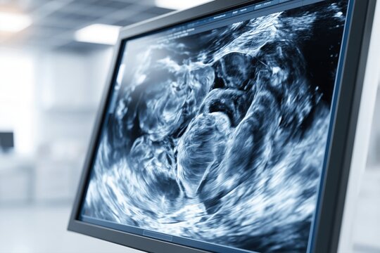 Close-up of a medical ultrasound screen displaying a detailed fetal sonogram image in a clinic setting.