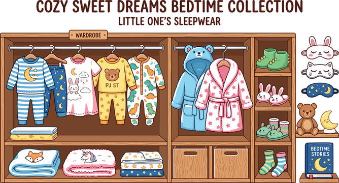 Cute cartoon kids bedtime wardrobe vector collection featuring children pajamas robes onesies blankets slippers and sleep masks for sweet dreams apparel designs.