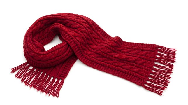 Red knitted scarf with cable pattern isolated on white background
