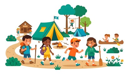 Fototapeta premium Happy children camping in the forest, hiking, canoeing and playing