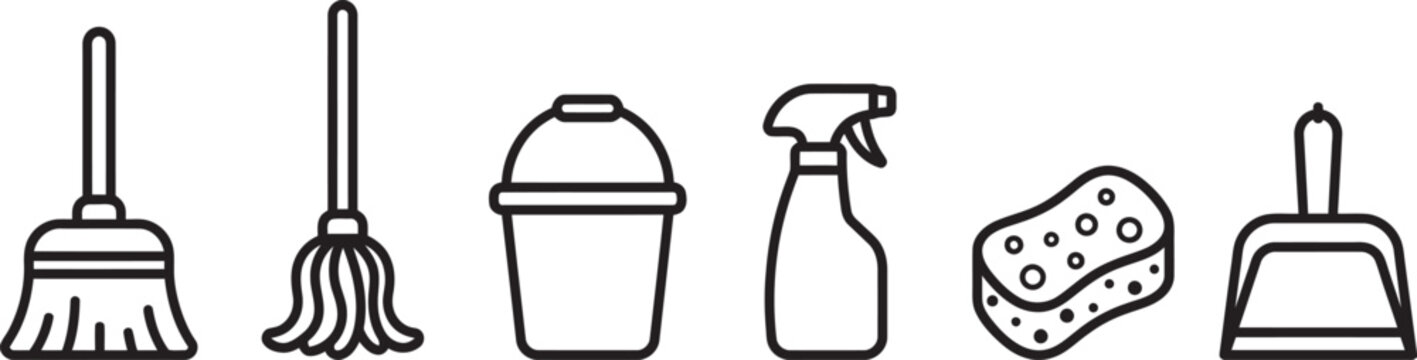 Janitorial and cleaning equipment line including broom mop bucket spray bottle sponge and dustpan for home maintenance