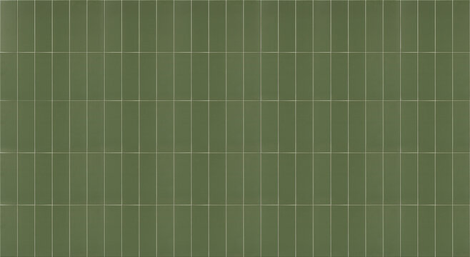 Panoramic view of modern green ceramic wall tiles arranged in a vertical rectangular block grid pattern for interior design.