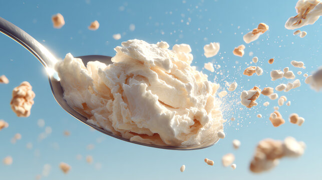 A close-up of popcorn flying off a spoon against a bright blue sky, showcasing a playful and lighthearted snack moment.