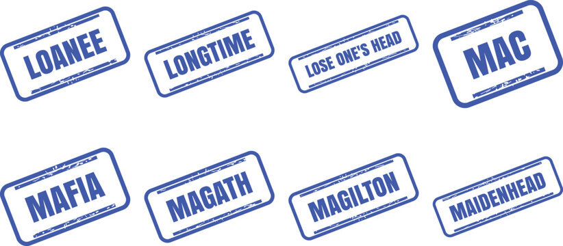 Set of blue rubber stamps with various words and phrases stamp vector design set