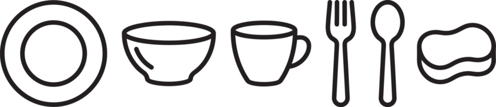 Minimalist kitchen and dishwashing set including a plate, bowl, cup, fork, spoon, and a cleaning sponge rendered in clean black line