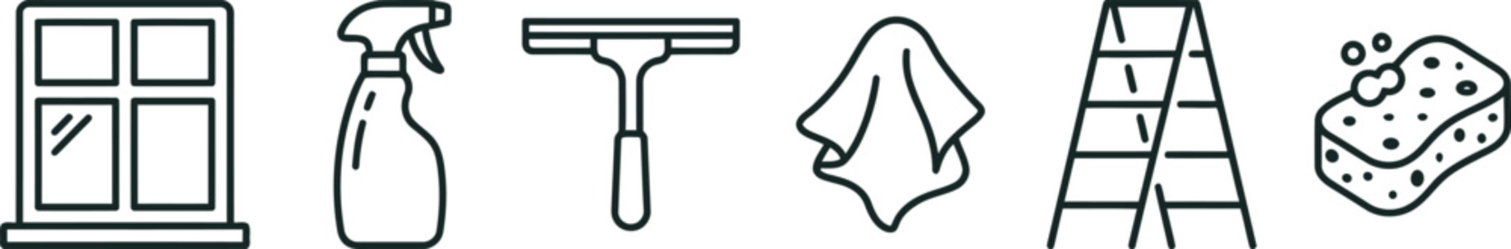 Set of window cleaning featuring spray bottle squeegee cloth ladder and sponge for housekeeping and maintenance services