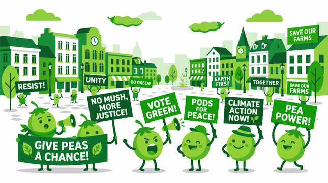 Group of cute cartoon green peas characters protesting with signs for climate action and peace.