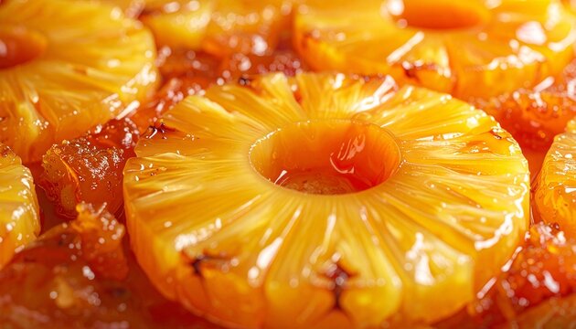 Close-up of pineapple upside-down cake with caramelized pineapple rings