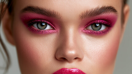 Naklejka premium A close-up portrait of a model showcasing vibrant pink makeup, emphasizing beauty and fashion trends.