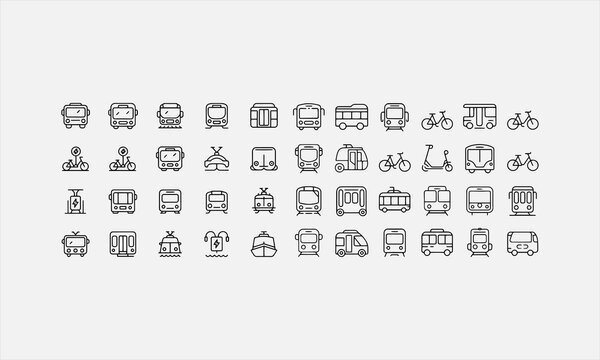 Sustainable Public Transportation vector line art icon set illustration
