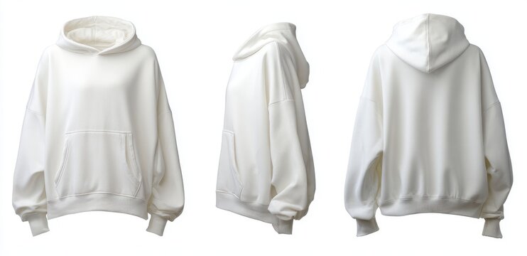 Three views of a plain white oversized hoodie isolated on white background