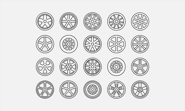 Wheel Rim alloy wheel rim automotive line art icon set vector illustration