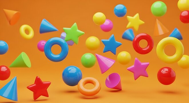 Colorful 3D geometric shapes floating on a vibrant orange background