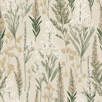 Seamless Neutral Wildflower Botanical Pattern with Cream Flowers Green Foliage and Meadow Grass Stems