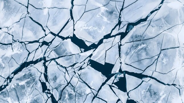 Frozen Arctic Lake Cracked Ice Abstract Aerial Art &ndash; Prussian Blue White Fracture Winter Geometry Birds-Eye Minimal Background