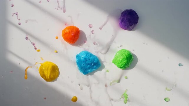 Colorful water splash forming abstract shapes, bright sunlight, white background, festive summer mood, clean minimal composition, Songkran celebration concept, ultra high definition 4K