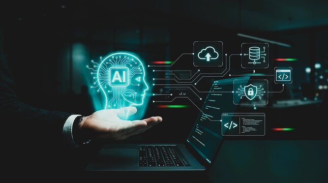 Artificial Intelligence technology concept driving digital transformation for business professionals, securing cloud computing and innovative machine learning solutions development.