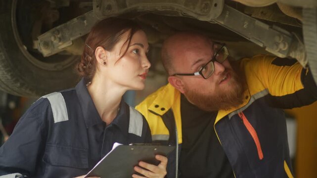 Caucasian male mechanic with glasses and a beard works alongside a female technician, reviewing a digital tablet and giving a thumbs-up. This high-energy commercial imagery represents gender diversity