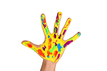 Fototapeta premium Open hand covered with bright colorful paint isolated on a white background. Playful contemporary art image expressing creativity, childhood, imagination and artistic freedom