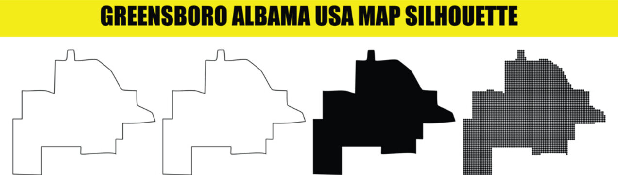Greensboro alabama city map vector silhouette set with outline solid and halftone patterns for geographical design.