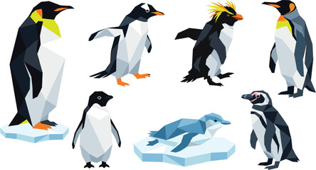 Low Poly Penguin Collection Featuring Geometric Antarctic Birds on Ice with Polygonal Wildlife Vector Illustration Set