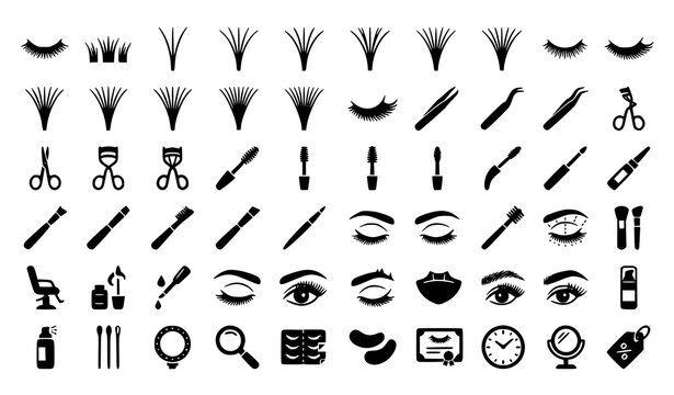Eyelash extension glyph icon set with lash styles tools tweezers curler mascara and beauty makeup symbols vector illustration