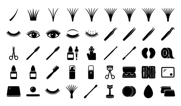Eyelash extension monoline glyph icon set with lash styles tools tweezers mascara curler and beauty salon equipment vector illustration