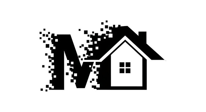 Dynamic visual transformation of a bold letter M blending into a stylized home icon, symbolizing innovation, growth, and modern real estate solutions with an elegant, pixelated transition
