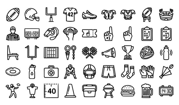 American football monoline icon set with helmet ball shoulder pads stadium foam finger tickets and sports equipment vector illustration editable stroke