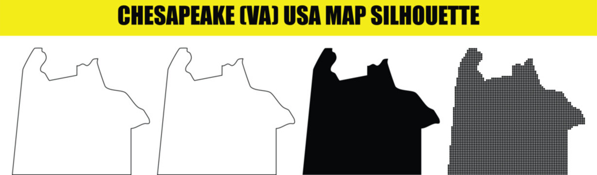 Chesapeake virginia city map vector silhouette set with outline solid and digital pixelated styles for designers.