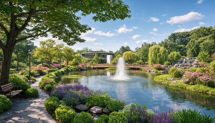Fototapeta premium Lush botanical garden with a sparkling water fountain in a serene pond setting landscape photography fountain botanical landscape tranquil blooming greenery vegetation reflections