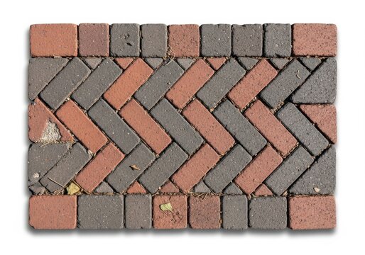 Top view of a colorful rectangular brick paver pattern with a herringbone arrangement for sidewalk or patio construction