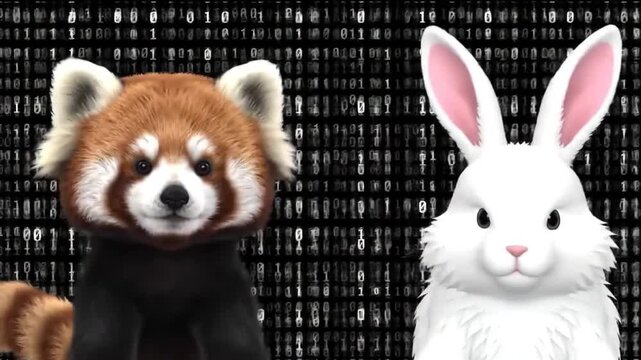 Red panda and white rabbit against binary code background