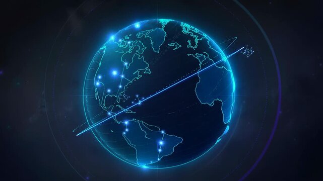 Glowing digital globe spinning in deep space with bright interconnected points and futuristic design