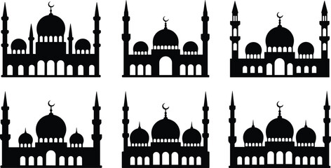 Six Black Silhouette Mosques With Domes And Minarets On White Background islamic architecture © mstharisa
