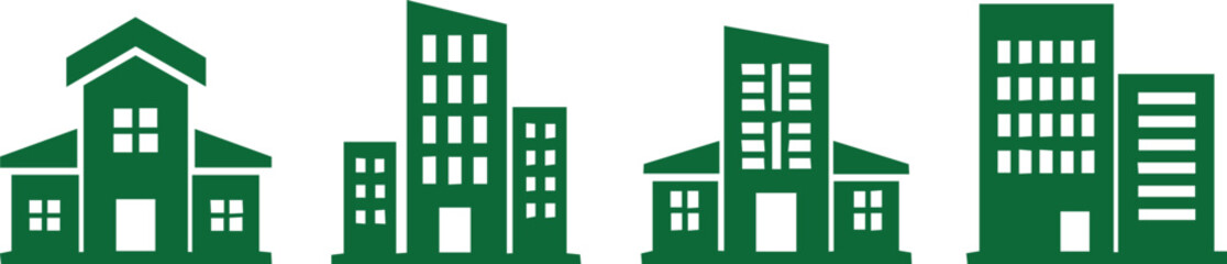 Green vector buildings set with varying heights © Rubina