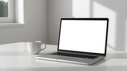 Fototapeta premium Modern laptop with blank screen and a white coffee mug on a white desk in a bright room