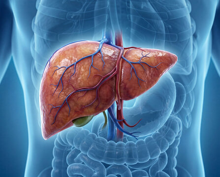 3d medical illustration of human liver anatomy with gallbladder and blood vessels