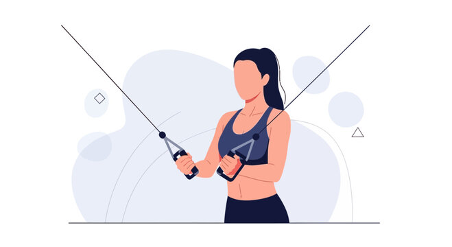 Woman performing cable crossover exercise in a modern flat vector illustration style, representing fitness and strength training.