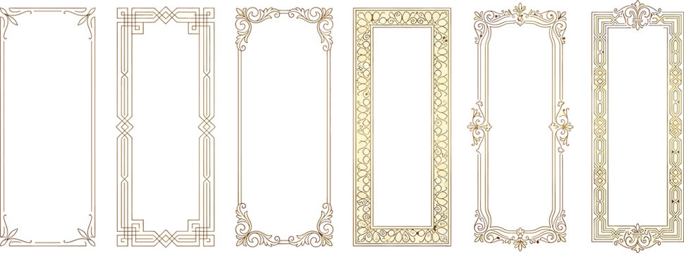 Set of vintage decorative frames, elegant rectangular borders with floral and geometric ornaments, classic design elements for invitations and certificates transparent background