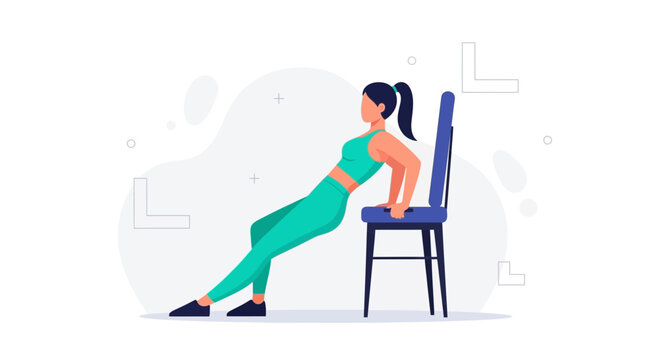 Woman Performing Chair Dips Exercise for Triceps and Arm Strength, Flat Design Vector Illustration