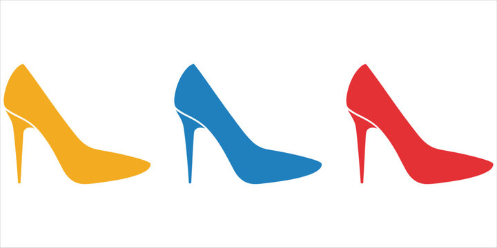 Three colorful high heel shoe icons on a white background Keywords: high heel, shoe, footwear, fashion, style, elegant, stiletto