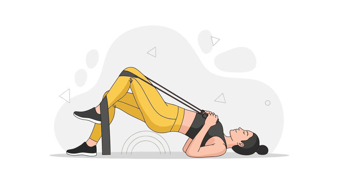 Woman performing Glute Bridge exercise with resistance band for glutes and legs workout, vector illustration