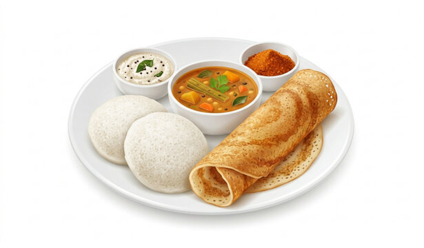 Traditional idli and dosa South Indian breakfast vector illustration isolated on white background