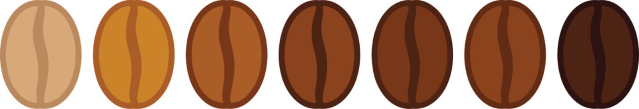 Sophisticated flat vector graphic illustrating seven coffee beans in a bright row from light to dark roast level styles.